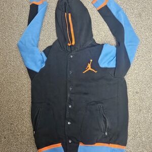 NIKE Air Jordan Jacket Mens M Black Blue Orange Button-Up Pockets Bomber‎ VTG